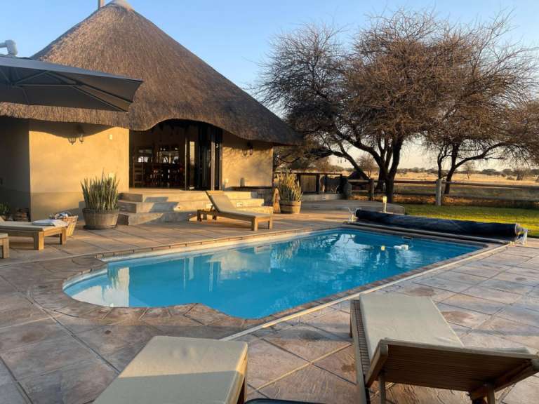 Ein Pool mit blauer Wasserfläche ist von einem gepflasterten Bereich mit Sonnenliegen umgeben, hinter dem ein strohgedecktes Gebäude und eine Savannenlandschaft mit Bäumen und Zäunen zu sehen sind.
