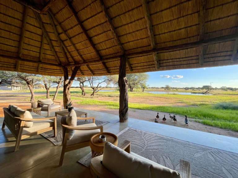Eine überdachte Veranda mit Möbeln bietet Blick auf eine afrikanische Landschaft mit einem Teich und Enten.