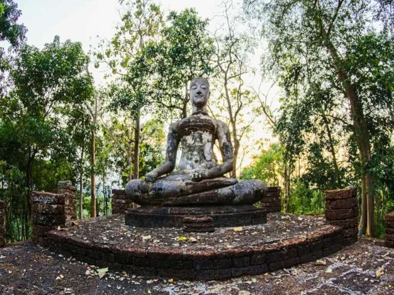 Ein Buddha aus Stein sitzt auf einer erhöhten Plattform inmitten eines Waldes.