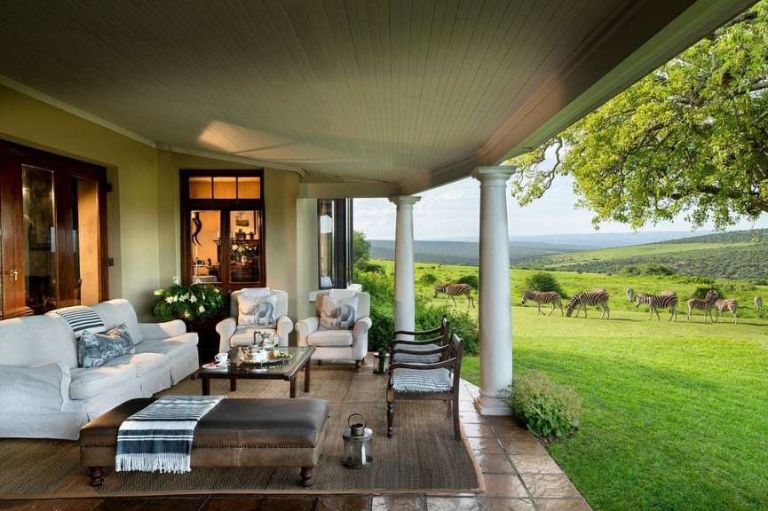 Eine überdachte Veranda mit Möbeln blickt auf eine Landschaft mit Zebras, die auf einer grünen Wiese grasen.