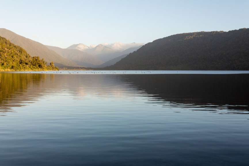 Ein See mit Bergen im Hintergrund und vielen Vögeln im Wasser