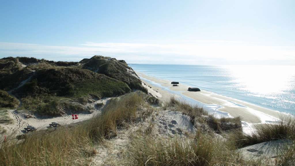 Die Aufnahme zeigt eine Küstenlandschaft mit Sanddünen, Strand, Meer und einem klaren Himmel.