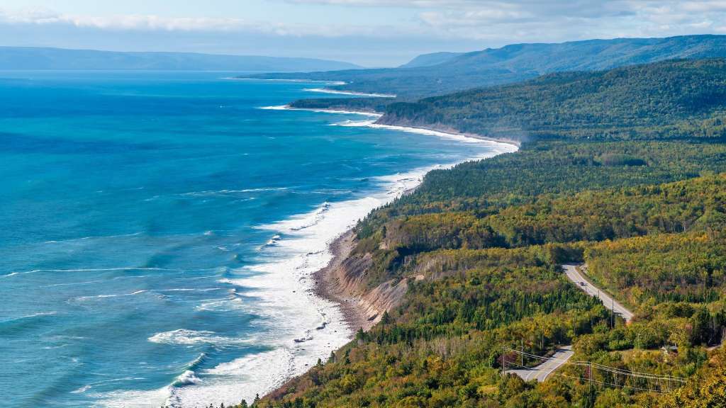 Eine kurvige Straße windet sich durch eine üppige, von Bäumen gesäumte Küstenlandschaft mit Blick auf das blaue Meer und die Wellen, die gegen einen felsigen Strand schlagen.