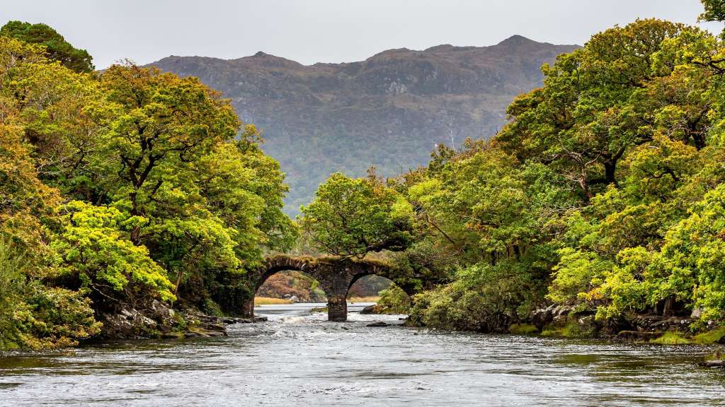 Ein Fluss fließt unter einer alten Steinbrücke durch eine üppige, grüne Landschaft mit felsigen Bergen im Hintergrund.