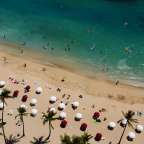 Ein Strand mit vielen Sonnenschirmen und Palmen