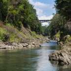 Ein Fluss läuft durch einen Wald mit einer Brücke im Hintergrund
