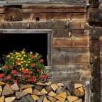 Ein Holzhaus mit einem Fenster und einem Haufen Holz davor