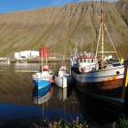 Ein blaues und ein weißes Boot mit der Aufschrift ' norwegian ' darauf