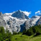 Ein schneebedeckter Berg mit Bäumen im Vordergrund