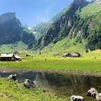 Ein kleines Haus steht inmitten einer Wiese mit einem Fluss im Vordergrund