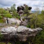 Eine Brücke führt zu einem großen Felsen inmitten eines Waldes