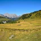 Ein Feld mit einem kleinen Teich und einem Berg im Hintergrund