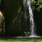 Ein Wasserfall stürzt in einen grünen Teich
