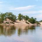 Eine Person steht am Ufer eines Sees mit Bäumen und Sanddünen im Hintergrund
