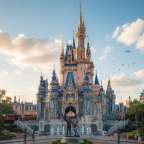 Ein Märchenschloss im Disney-Stil mit blauen und rosafarbenen Türmen und einer Statue von Mickey und Minnie vor der Vorderseite wird von einer Menge von Menschen, einem Zug und Bäumen umgeben.