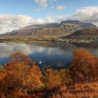 Ein See mit Bäumen im Vordergrund und Bergen im Hintergrund