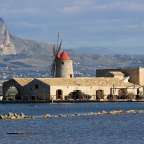 Eine Windmühle mit einem roten Dach sitzt in der Nähe eines Gebäudes