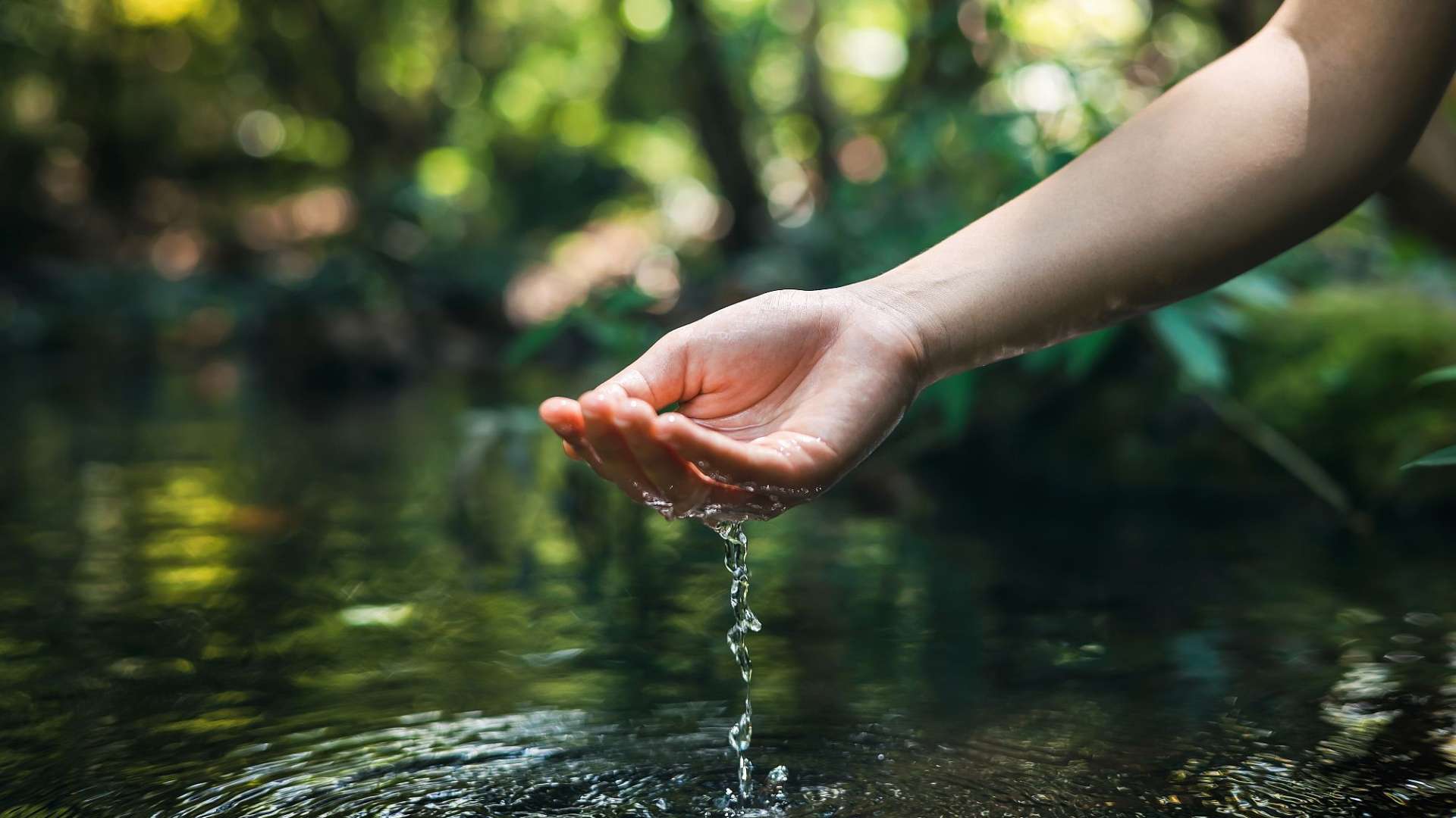 Eine Frau schöpft Wasser aus einem Fluss