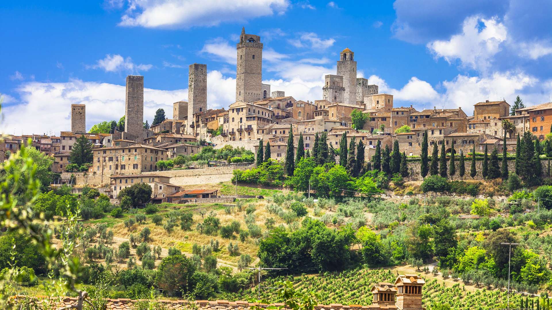 Das Bild zeigt eine malerische toskanische Landschaft mit der mittelalterlichen Stadt San Gimignano, die auf einem Hügel thront, umgeben von Olivenbäumen und Weinbergen.