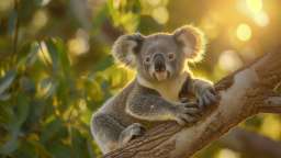 Ein Koala sitzt auf einem Ast und schaut in die Kamera