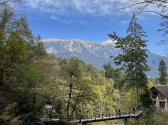 Wanderer überqueren tagsüber eine Holzbrücke über einen Fluss vor alpiner Berglandschaft in Slowenien.