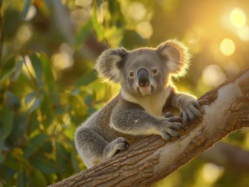 Ein Koala sitzt auf einem Ast und schaut in die Kamera