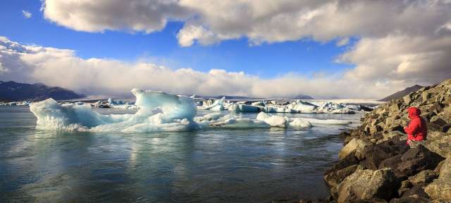 Gletscher Lagune: Jökulsárlón Eine Person in einer roten Jacke sitzt auf einem Felsen neben einem See mit Eisbergen
