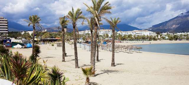 Europas Badeküste Nummer eins: Costa del Sol Ein Strand mit Palmen und rosa Blumen im Vordergrund