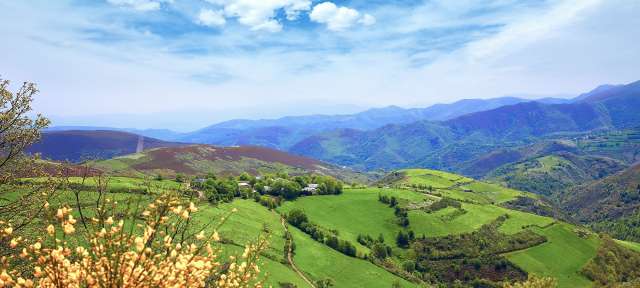 Mehr Irland als Andalusien: Galicien Ein Blick auf eine grüne Landschaft mit Bergen im Hintergrund