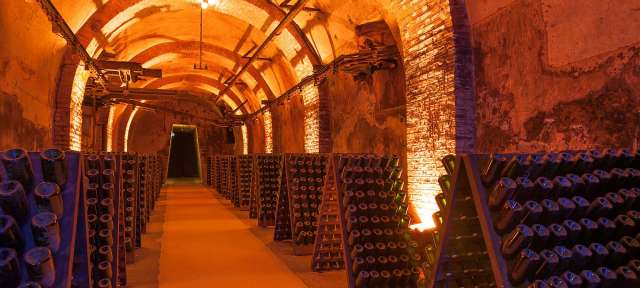 Champagner Kellerei Eine Reihe von Weinflaschen, die in einem Keller gestapelt sind