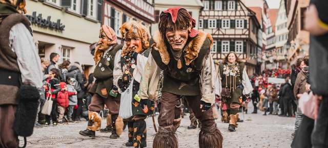 Fasnet in Tübingen Eine Gruppe von Menschen in Kostümen geht durch eine Stadtstraße
