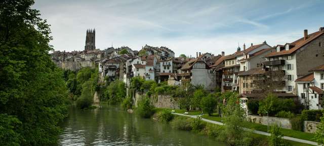74 Meter hoher Kathedralenturm: Fribourg – ©Barbara Harbecke Ein Fluss fließt durch eine Stadt mit vielen Gebäuden