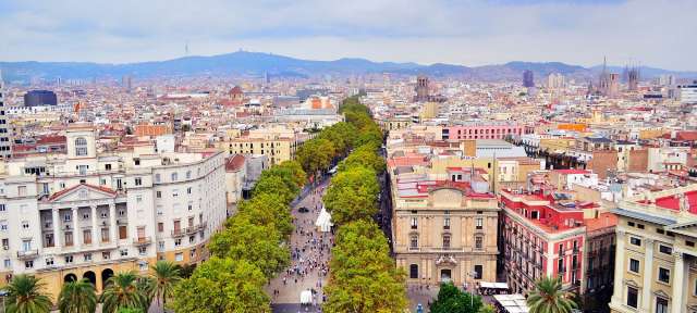 Urbanes Leben: Ramblas von Barcelona Eine Stadtlandschaft mit vielen Gebäuden und Bäumen