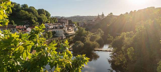 Die Sonne scheint durch die Bäume über einen Fluss