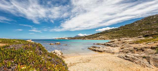 Ein Strand mit einem blauen Wasser und einem blauen Himmel