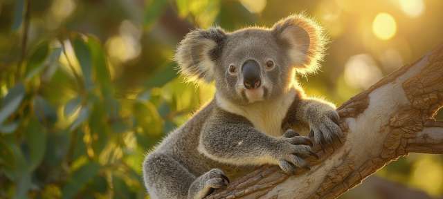 Ein Koala sitzt auf einem Ast und schaut in die Kamera
