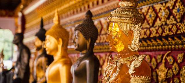 Eine Reihe von goldenen buddhistischen Statuen in einem Tempel
