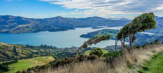 Ehemaliger Vulkankrater: Akaroa Harbour Ein Blick auf einen See mit Bergen im Hintergrund