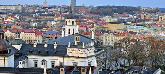 Eine Stadtlandschaft mit vielen Gebäuden und einem großen Gebäude in der Mitte