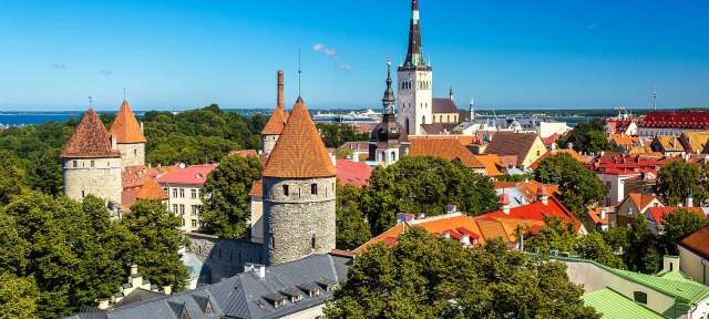 Eine Stadt mit vielen Gebäuden und roten Dächern