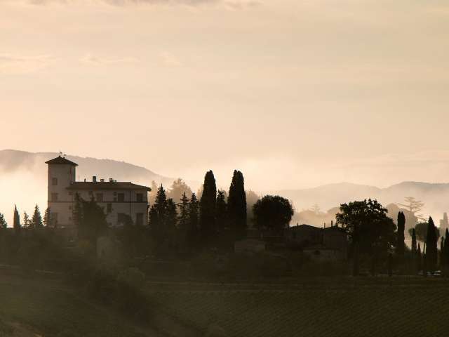 Eine Silhouette eines Hauses mit Bäumen und Bergen im Hintergrund