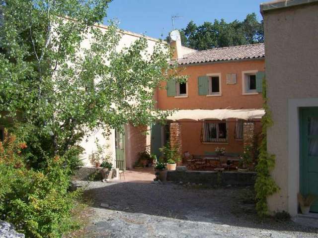 Ein sonniger Innenhof mit einem orangefarbenen Haus, umgeben von Bäumen und Vegetation.