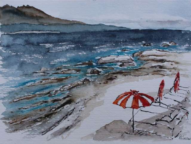 Ein Gemälde eines Strandes mit rot-weißen Sonnenschirmen