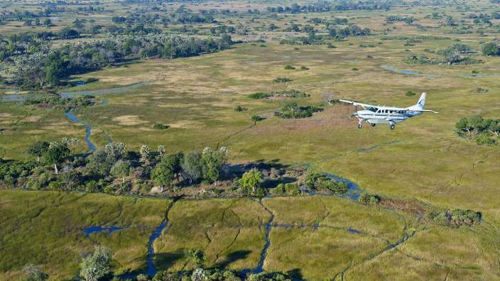 Ein kleines Flugzeug fliegt über eine grüne Wiese