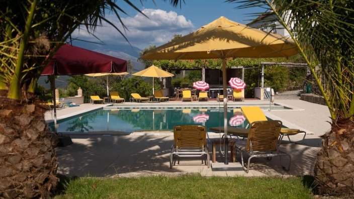 Ein Pool mit Stühlen und Sonnenschirmen umgeben von Palmen