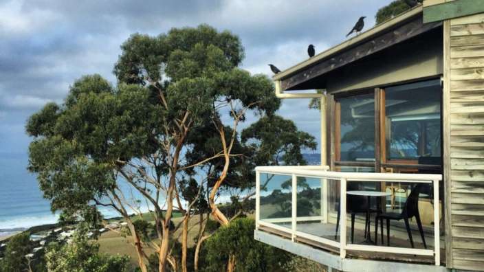 Vögel sitzen auf dem Dach eines Hauses mit Blick auf das Meer