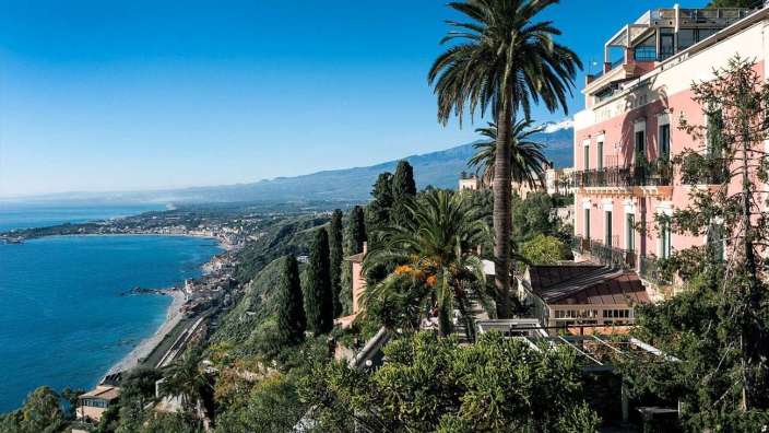 Eine Palme steht auf einem Hügel mit Blick auf das Meer