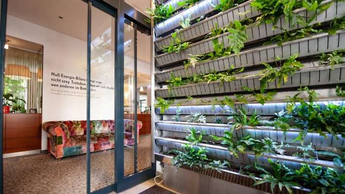 Ein Wohnzimmer mit einer Couch und einer Wand mit Pflanzen