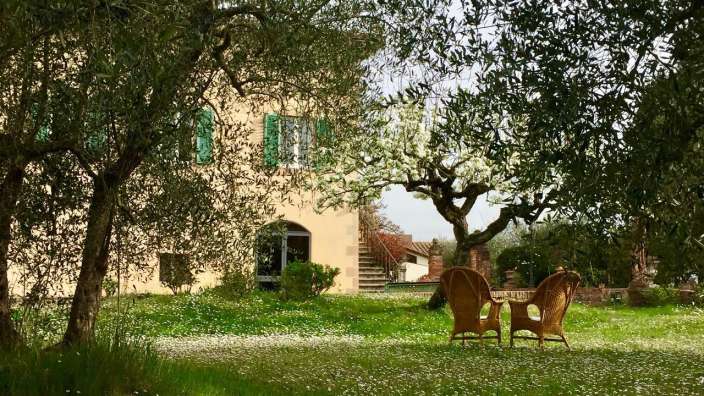 Ein Garten mit Stühlen und einem Tisch im Vordergrund