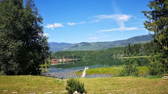 Ein See mit Bäumen und Bergen im Hintergrund